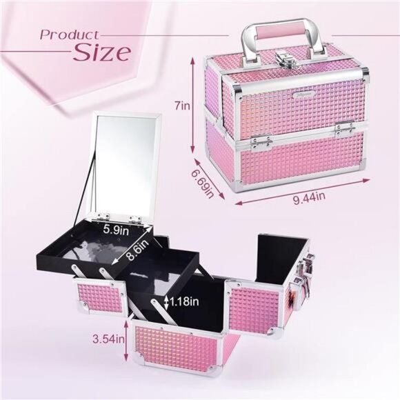 Makeup Train Case Pink Travel Cosmetic Box Lockable Organizer with Mirror - Picture 5 of 7